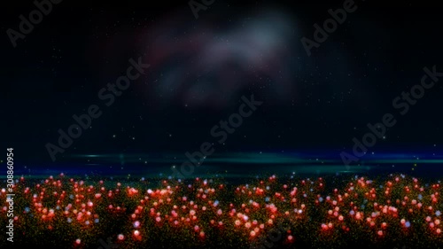 Fantastic landscape, bright flowers consisting of magic dust against the background of iridescent northern lights. Loop animation.