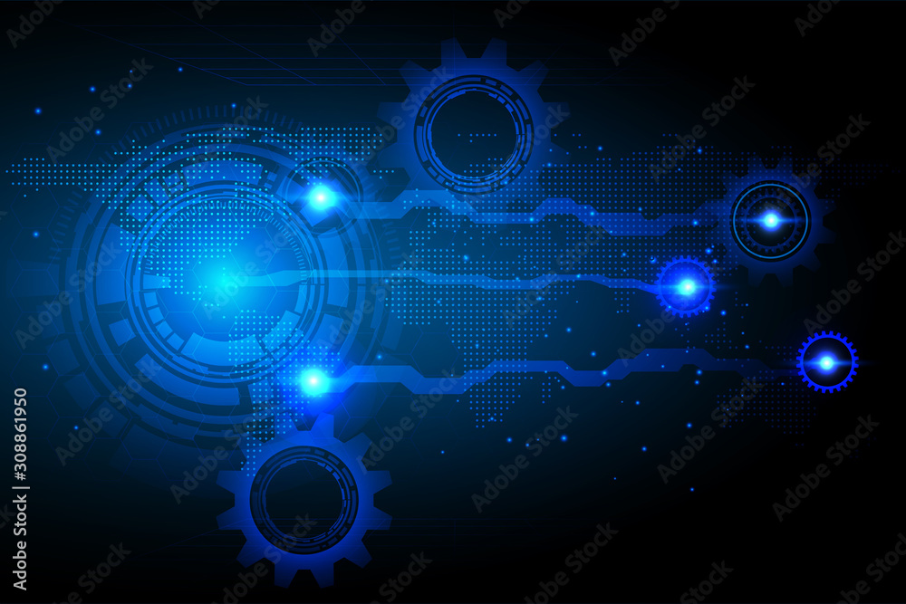 Vector Modern technology with gear and world map. On an abstract blue background.