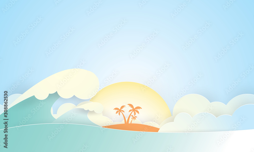 Tropical island with palm trees and blue ocean, Summer time, Paper cut