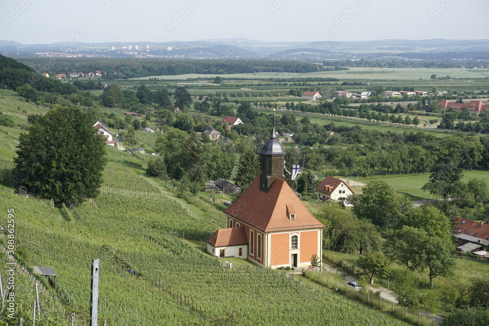 Close-up of the vineyard church in Dresden Pillnitz with beautiful landscape