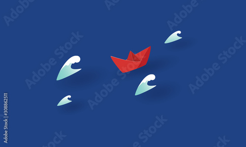 Red paper boat sailing between big waves, Concept inspiration business