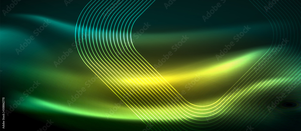 Dark background with neon glowing elements, shiny motion concept Dark background with neon glowing elements, shiny motion concept