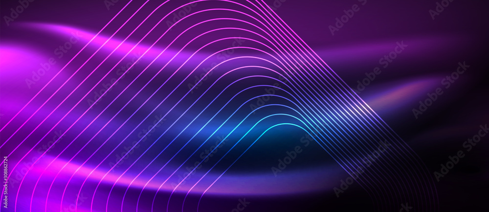 Neon glowing techno lines, hi-tech futuristic abstract background template with square shapes Neon glowing techno lines, hi-tech futuristic abstract background template with square shapes