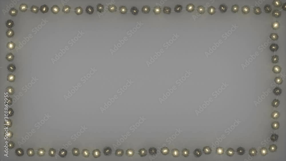 Frame of decorative rattan ball string lights. Abstract holiday background. Seamless loop 3D render animation