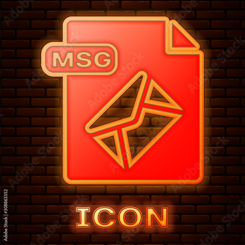 Glowing neon MSG file document. Download msg button icon isolated on brick wall background. MSG file symbol. Vector Illustration