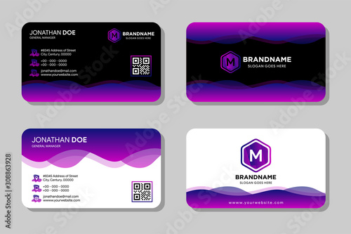 Purple corporate identity template design with gradient blue and purple color geometric elements. Business stationery, set of business card with black and  white background- Vector