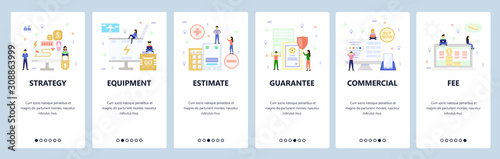 Mobile app onboarding screens. Business strategy, computer equipment, online commercial, fee. Menu vector banner template for website and mobile development. Web site design flat illustration