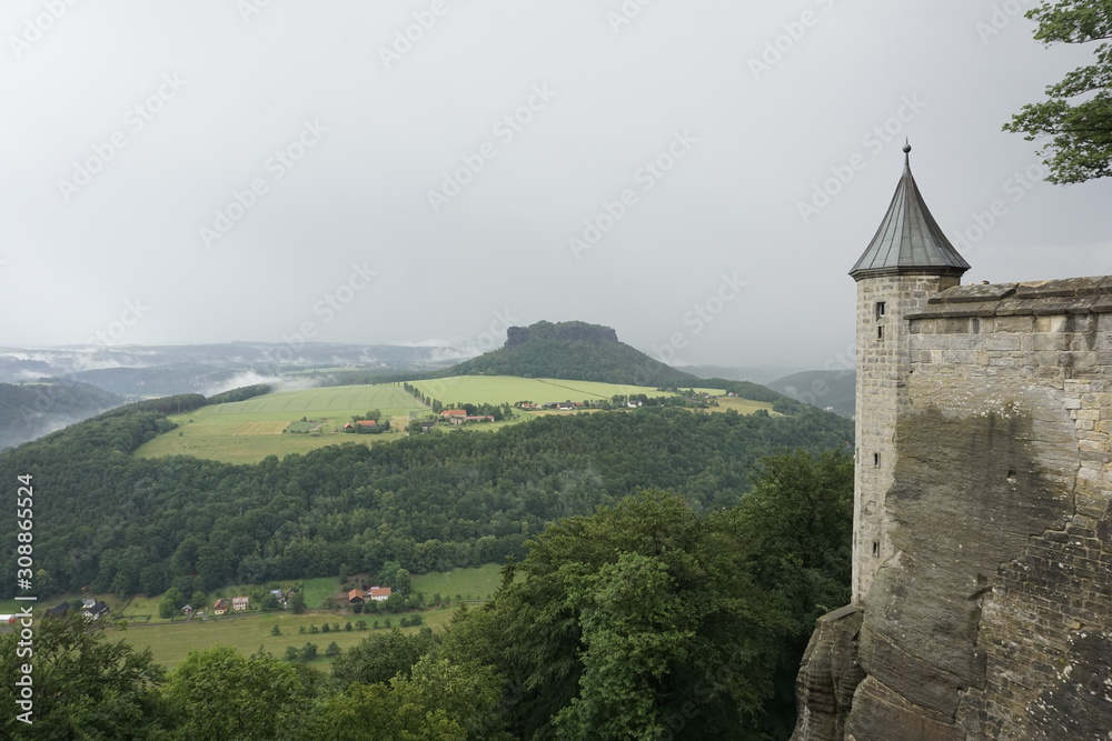 Dramatic view from Konigstein fortress to the Lilienstein mountain