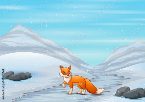 Fox cartoon in winter hunting a prey