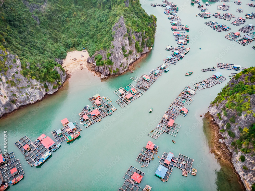 Aerial view of floating villages around Cat Ba islands. Cat Ba is the
