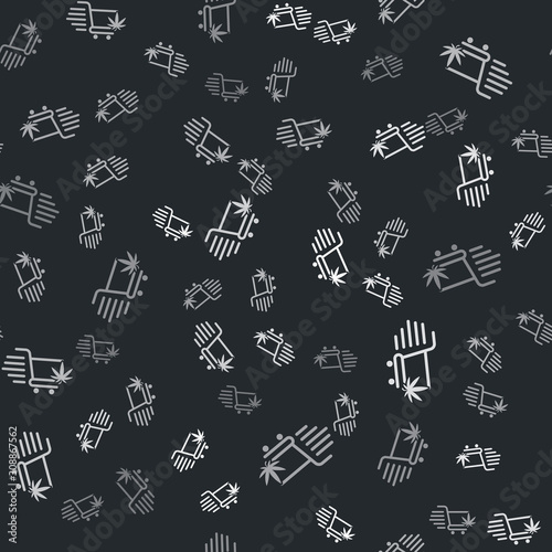 Grey Shopping cart with marijuana or cannabis leaf icon isolated seamless pattern on black background. Online buying. Delivery service. Supermarket basket. Vector Illustration