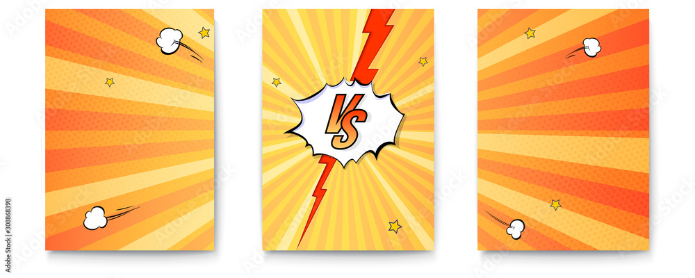 Fototapeta Set of posters with logo of versus on expressive background in comic book style. Letters VS on explosions bubbles and rays. Vintage pop art banner for challenge or contest. Vector poster for superhero