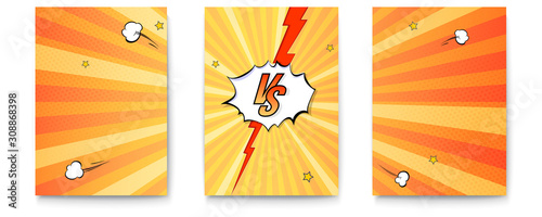 Set of posters with logo of versus on expressive background in comic book style. Letters VS on explosions bubbles and rays. Vintage pop art banner for challenge or contest. Vector poster for superhero