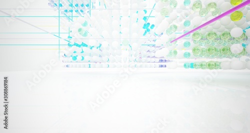 Abstract white and colored gradient glasses interior from array spheres with large window. 3D illustration and rendering.