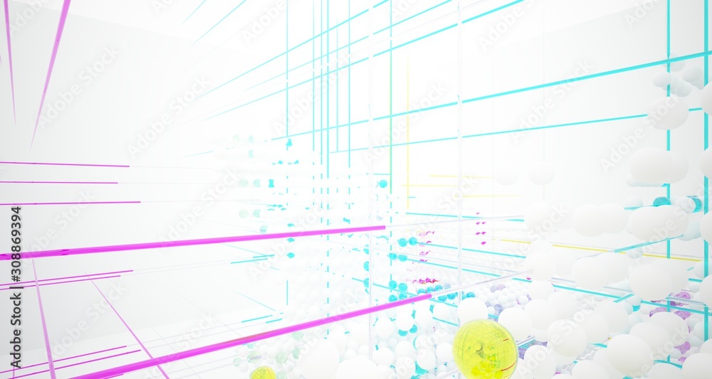 Abstract white and colored gradient glasses interior from array spheres with large window. 3D illustration and rendering.