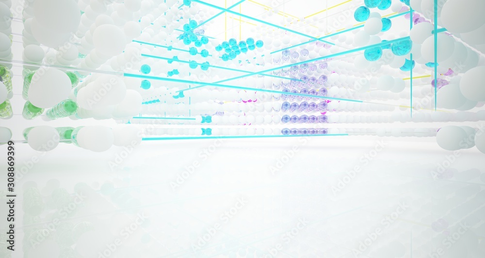 Abstract white and colored gradient glasses interior from array spheres with large window. 3D illustration and rendering.