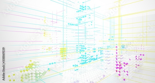 Abstract white and colored gradient glasses interior from array spheres with large window. 3D illustration and rendering.