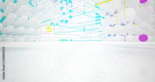 Abstract white and colored gradient glasses interior from array spheres with large window. 3D illustration and rendering.