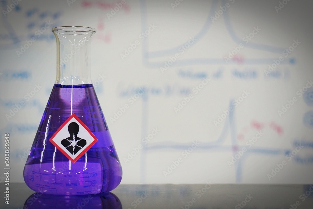 Erlenmeyer Flask With Violet Liquid And Chemical Hazard Warning Symbols erlenmeyer-flask-with-violet-liquid-and-chemical-hazard-warning-symbols