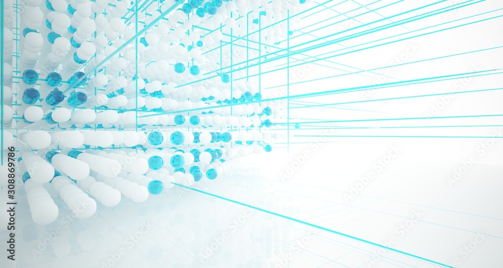 Fototapeta premium Abstract white and colored gradient glasses interior from array spheres with large window. 3D illustration and rendering.