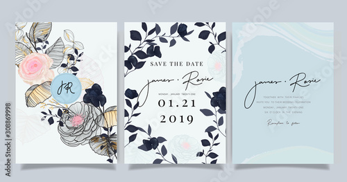  Luxury marble Wedding logo and Invitation set,  invite thank you, rsvp modern card Design in pink and gray flower with leaf greenery branches  decorative Vector elegant rustic template