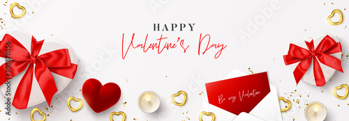 Happy Valentine's Day horizontal banner. Vector illustration with realistic gift boxes, envelope, candles, gold hearts and confetti on white background. Holiday gretting card.