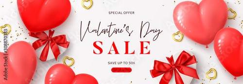 Valentine's Day sale banner template. Vector illustration with realistic gift boxes, air balloons, gold hearts and confetti on white background. Promotion discount banner.