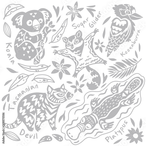 Set with decorated Australian animals and bird in vector. Koala bear  Kookaburra  Sugar glider  Tasmanian devil  Platypus