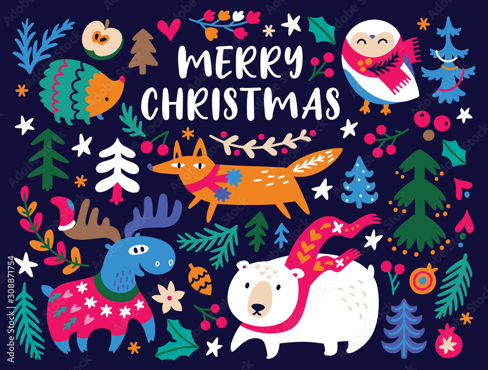 Christmas card design template with cozy animals and bright decorative ...