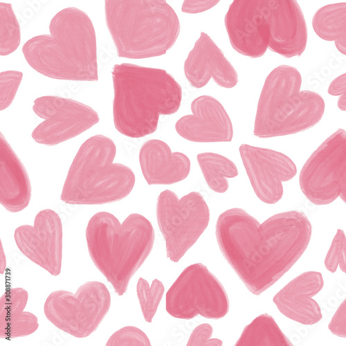Seamless pattern with pink hearts isolated on white background. Valentine's Day banner .Cute illustration. Hand drawn doodle template. Design wallpaper,textile,wrapping paper,fabric, t shirt print.