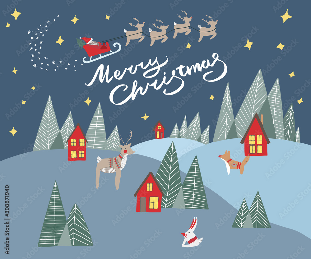 Hand drawn vector greeting card or banner. Scandinavian landscape with deer, bunny, fox, xmas trees, cute red houses anh dark sky with flying Santa Claus and deers