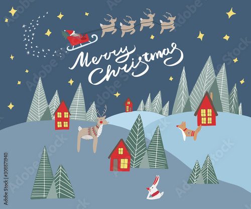 Hand drawn vector greeting card or banner. Scandinavian landscape with deer  bunny  fox  xmas trees  cute red houses anh dark sky with flying Santa Claus and deers