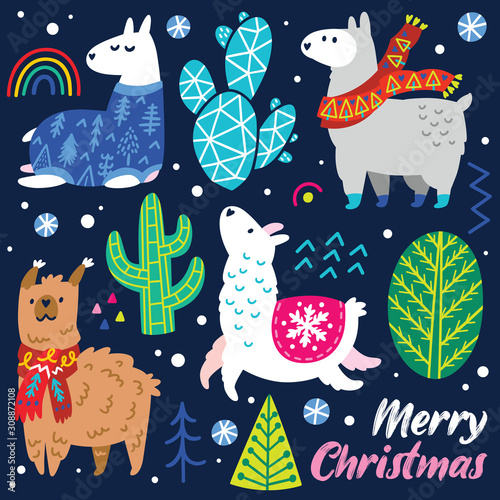 Christmas llamas characters, decorative cactuses and trees. Vector illustration.
