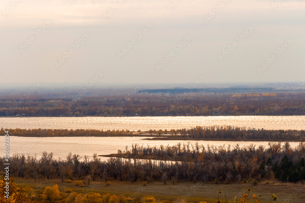 Beautiful landscape from above on the Volga river.