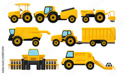 Heavy Agricultural Machinery Collection, Yellow Farm Vehicles for Field, Tractor, Combine and Harvester Work Vector Illustration