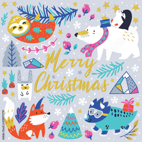 Merry Christmas greeting card with cute animals character in vector
