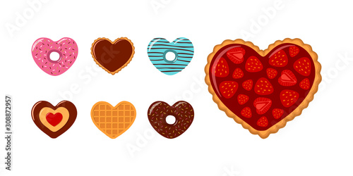 Valentines Day. Set of heart-shaped cookies, donuts and waffles with strawberries and chocolate