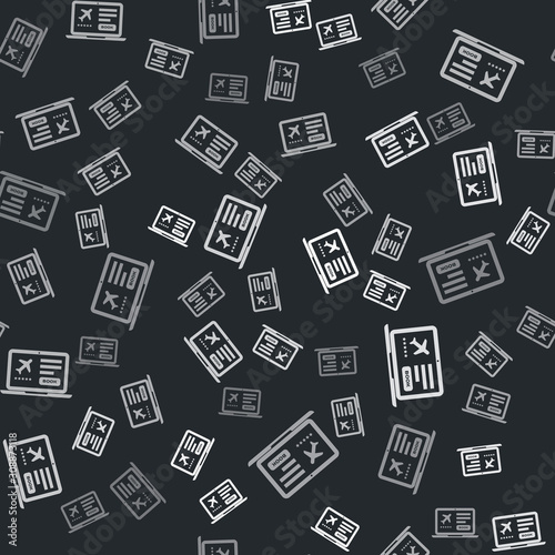 Grey Laptop with electronic boarding pass airline ticket icon isolated seamless pattern on black background. Passenger plane mobile ticket for web and app. Vector Illustration