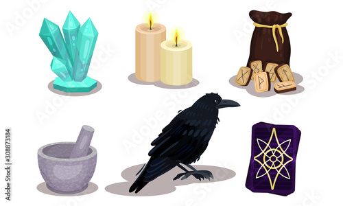 Magic Objects Collection, Witchcraft Symbols, Raven, Mortar and Pestle, Candles, Maic Crystal Vector Illustration
