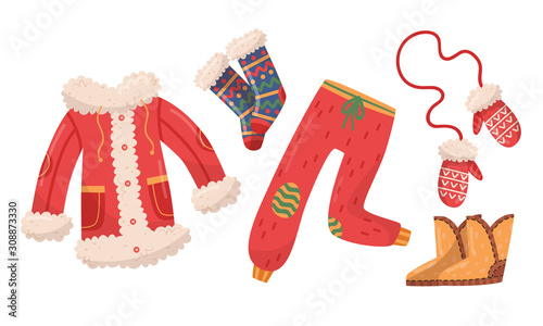 Winter Clothes Collection, Cold Weather Accessories, Mittens, Woolen Socks, Warm Fur Jacket Vector Illustration