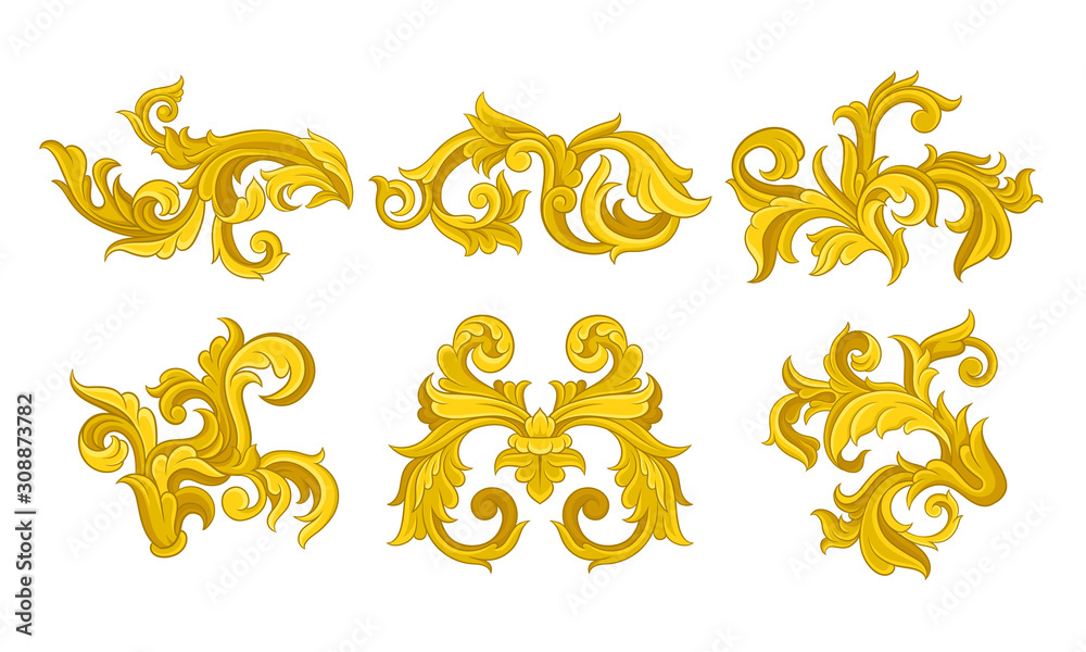 Golden Monogram with Floral Ornament Collection, Ancient Baroque Vignettes Vector Illustration - obrazy, fototapety, plakaty 