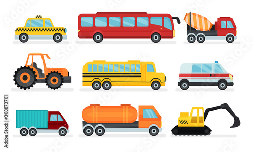 Transport Collection, Taxi Car, Bus, Cement Truck, Tractor, Ambulance, Lorry, Bulldozer Vector Illustration