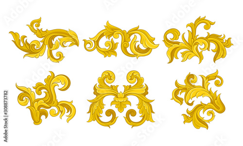 Golden Monogram with Floral Ornament Collection, Ancient Baroque Vignettes Vector Illustration photo