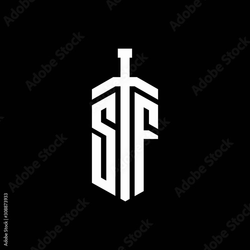 SF logo monogram with sword element ribbon design template