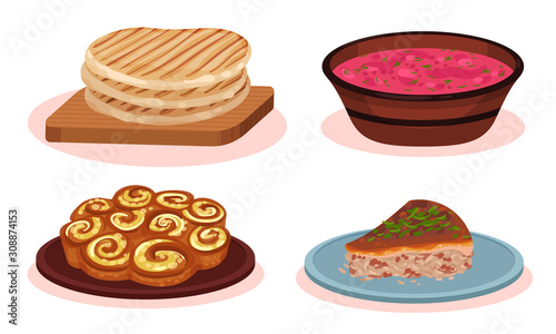 Bulgarian Cuisine National Food Dishes Collection, Grilled Wheat Cakes, Agneshko Stuffed Pie, Banitsa Twisted Pie, Red Beet Soup Vector Illustration