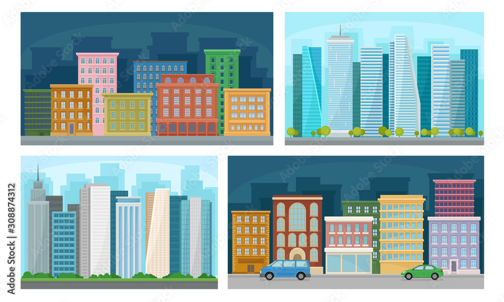 Urban Landscape Set, City Streets with High Skyscrapers and Modern Buildings Vector Illustration