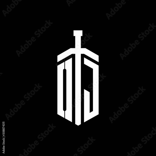 OJ logo monogram with sword element ribbon design template