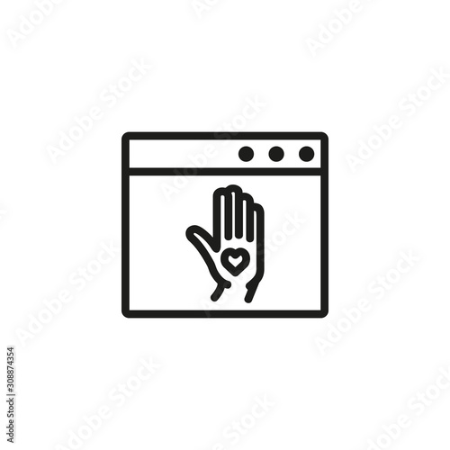 Online donation thin line icon. Helping online, sharing, fundraising isolated outline sign. Donation and charity concept. Vector illustration symbol element for web design and apps