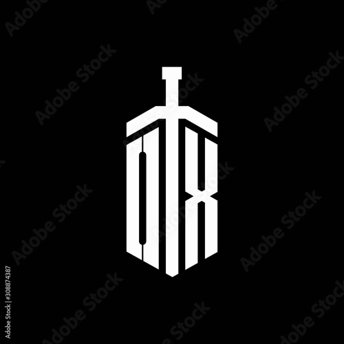 OX logo monogram with sword element ribbon design template