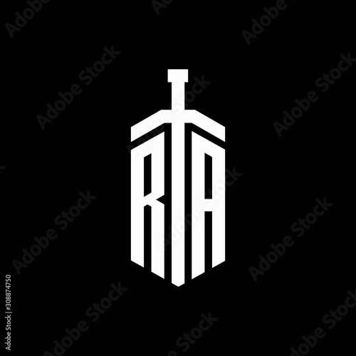 RA logo monogram with sword element ribbon design template